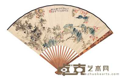 陈摩 江恒源 秋光斑斓 自作诗 成扇 18.6×50cm